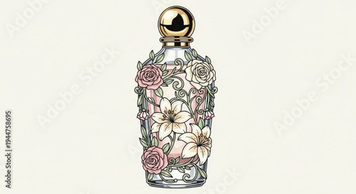 Elegant perfume bottle with floral design and gold cap on white background