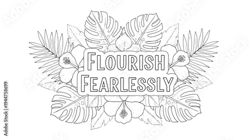 A black and white illustration of tropical leaves and flowers surrounding the phrase 'Flourish Fearlessly', ideal for adult coloring books, relaxation, and inspirational themes.