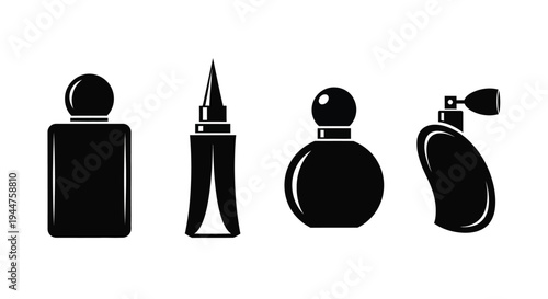 Four distinct perfume bottle shapes presented as a black silhouette