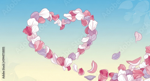 Heart shaped pink and white rose petals floating in air against blue background