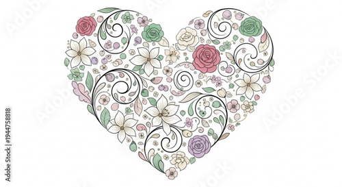 Colorful heart shaped floral pattern with swirling lines and flowers on white background for love and valentine's day concepts
