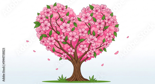 Heart shaped pink cherry blossom tree with green leaves on white background symbolizing love and spring
