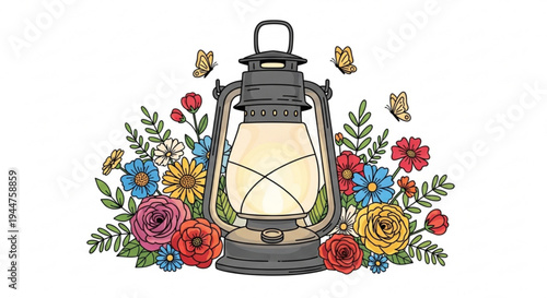 Vintage lantern surrounded by colorful flowers and butterflies on white background