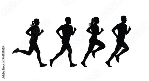 Four runners in motion depicted as a stark black silhouette