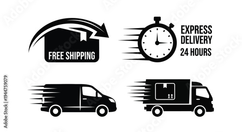 Express delivery icons featuring shipping time and vehicles silhouette