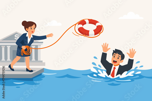 Bank Employee Throwing Lifebuoy to Drowning Businessman in Water, Financial Rescue and Economic Bailout Concept, Business Support and Crisis Management Illustration in Cartoon Flat Style.