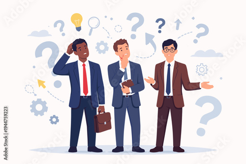 Group of diverse businessmen in suits feeling confused and doubtful about career decisions or business problems, surrounded by question marks, lightbulb, and gears in a flat vector illustration.