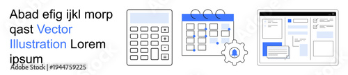 Productivity, project management, workflow, office tools, time efficiency, organization. Digital calculator, calendar gear and layout elements. Productivity and project management concept