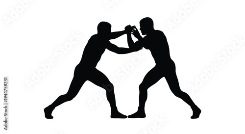 Two men grappling in a wrestling match a stark silhouette
