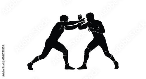 Two male figures engaged in a wrestling match dramatic silhouette