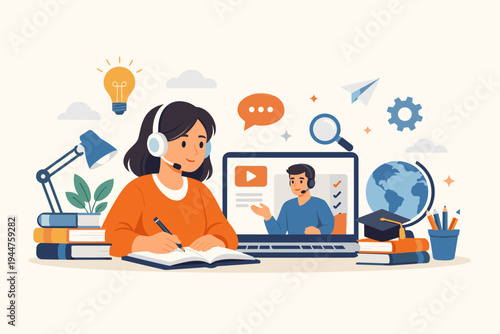 Online education and e-learning concept with a female student wearing a headset taking notes from a digital lesson on a laptop with a male tutor, featuring school icons in flat vector style.