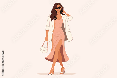 Elegant flat vector illustration of a beautiful stylish woman wearing a peach midi slip dress with a high slit, a white oversized blazer, sunglasses, and high heels, holding a white handbag.