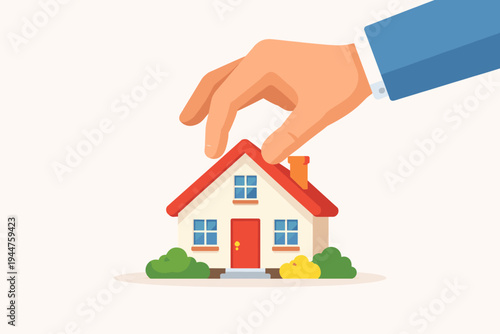 Flat Vector Illustration of a Hand in a Blue Suit Picking Up a Small House with a Red Roof and Door, Representing Real Estate Investment, Property Buying, Home Ownership, and Relocation Services