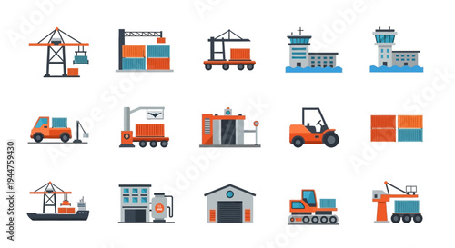 Assorted industrial machinery and construction equipment icons illustrating warehouses and cargo operations.