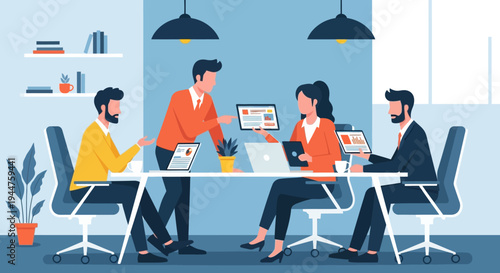 Multinational team in a bright modern office conducting a collaborative meeting and brainstorming session.