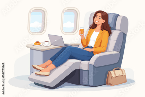 Happy business woman relaxing in a luxury first class airplane seat with a laptop, orange juice, and snacks on a table, enjoying a comfortable flight journey, flat vector illustration.