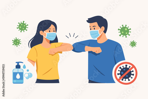 Man and Woman Wearing Face Masks Doing Elbow Bump Greeting to Prevent Spread of Coronavirus COVID-19 Pandemic, Flat Vector Illustration with Hand Sanitizer and Virus Icons for Health Safety.