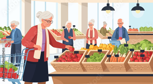 Shoppers at a vibrant farmers market exploring fresh produce and colorful stalls.