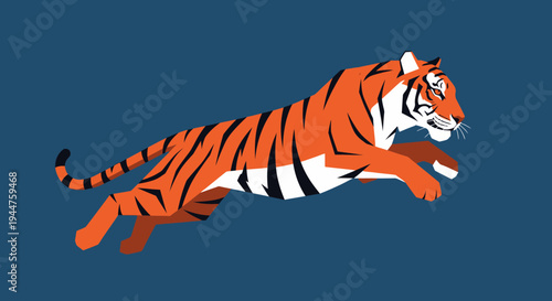Dynamic orange tiger leaps through a blue background in midair.