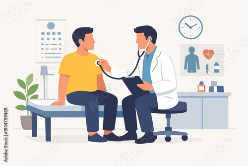 Flat vector illustration of a male doctor in a white coat using a stethoscope to examine a patient during a medical checkup in a clinic office with medical charts and equipment in background.