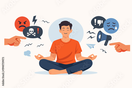 Calm man meditating in lotus pose ignoring negative vibes, toxic comments, social media hate, and unjustified criticism, maintaining inner peace, mindfulness, and mental health vector illustration.