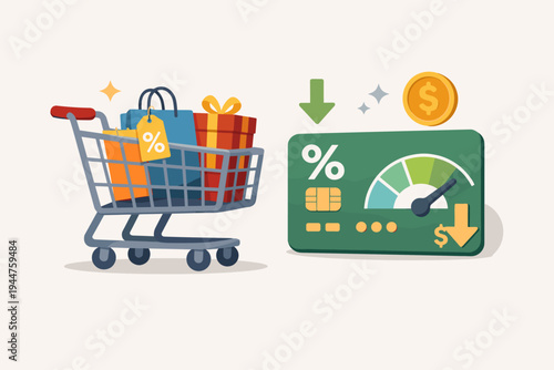 Vector illustration of a shopping cart filled with bags and gifts next to a credit card featuring a low interest rate gauge, percentage symbol, and downward arrow for financial savings and retail.