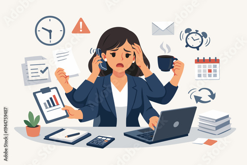 Stressed multitasking business woman with multiple arms handling laptop, phone, coffee, and documents at her desk. Flat vector illustration of office burnout, deadline pressure, and busy work life.