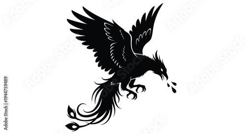 A striking black phoenix descends with outstretched wings a dramatic silhouette