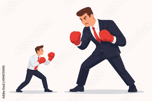 Small Businessman in Boxing Gloves Fighting a Giant Boss in a Suit. Concept of Underdog Competition, Small Business vs Big Corporation, David and Goliath Business Rivalry Vector Illustration.