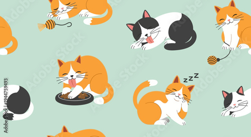 Whimsical Cartoon Cat Pattern featuring orange, white and black felines on a teal background.