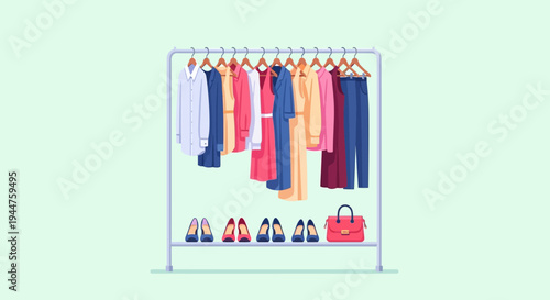 Colorful clothing rack displaying multiple outfits with assorted shoes on a retail display.