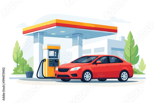Modern red sedan car at a gas station fuel pump station with a colorful canopy and minimalist background, flat vector illustration for automotive service, energy, and transportation concepts.