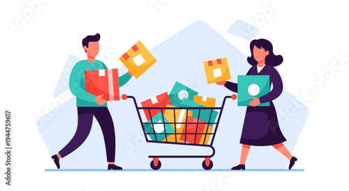 Two shoppers push a colorful grocery cart in a lively urban street scene.