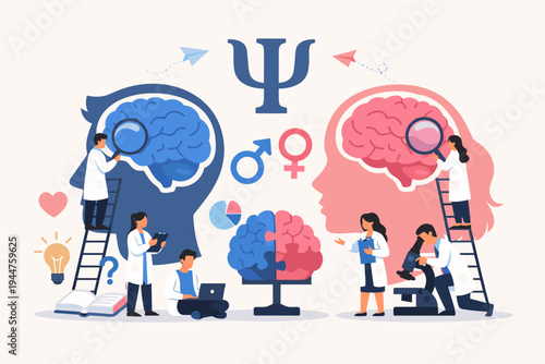 Flat vector illustration of scientists researching male and female brains for psychological differences. Neuroscience concept featuring gender symbols, magnifying glass, microscope, and brain puzzle.