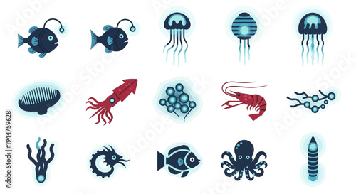 Collection of diverse marine creatures and underwater life icons.