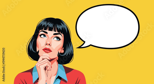 Pop Art Style Portrait of a Thinking Woman with Empty Speech Bubble Illustration.