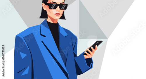 Stylized illustration of a businesswoman using a smartphone in blue attire.