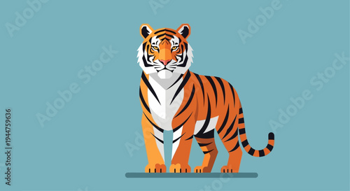 Cartoon tiger standing on a blue background, a bright orange feline illustration with bold stripes.