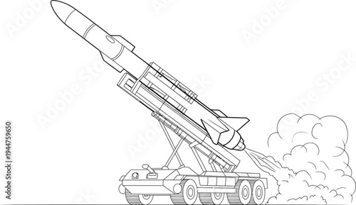 Rocket launch line drawing, black and white minimalist vector showing mobile missile launcher firing with smoke trail for defense and weapon system illustration.