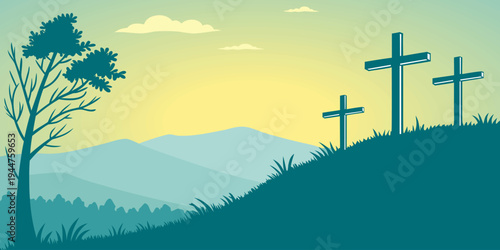 Christian faith landscape with three crosses on Calvary hill at sunrise. Symbol of crucifixion of Jesus Christ, Good Friday reflection, Easter hope and spiritual worship background.