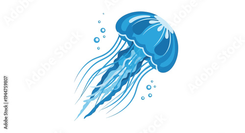 Blue jellyfish drifting through the ocean depths in graceful underwater motion.