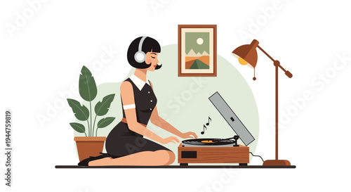 Illustrated scene of a woman working at a home desk with computer, monitor, lamp, headphones, and plants.