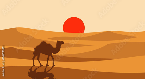 Desert landscape at sunset with a lone camel wandering across rolling dunes.