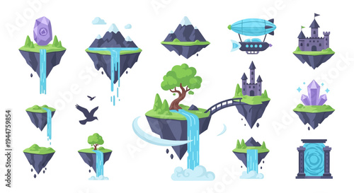 Collection of whimsical floating islands with trees, castles, and waterfalls in bright colors.