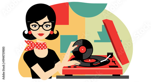 Cartoon woman DJ performing on turntable with vinyl records in a colorful illustration.