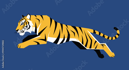 Dynamic orange tiger in mid stride across a blue background.