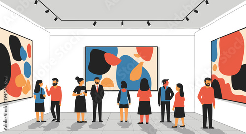 Visitors admire modern abstract artworks in a bright contemporary gallery space.
