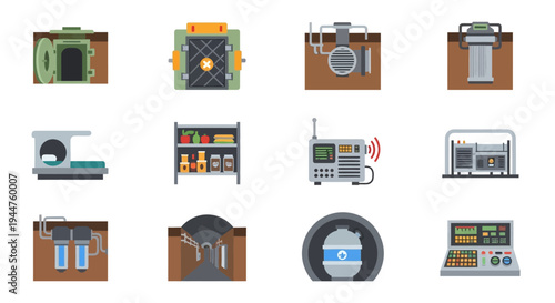Set of flat colorful icons depicting cameras and technology equipment in a modern design.
