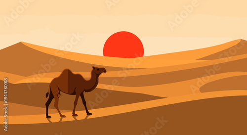 Desert Sunset: A lone camel on rolling dunes under a warm sky.