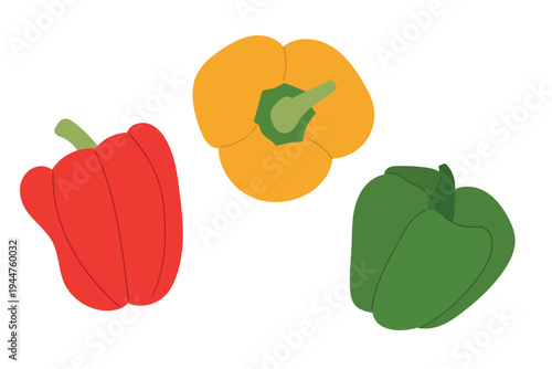 Set of three colorful bell peppers: red, yellow, and green. Flat vector illustration of fresh sweet paprika isolated on white background. Healthy organic vegetables for cooking and diet design.